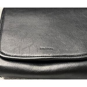 Stackers Black Vegan Leather Hanging Toiletry Bag Travel Organizer‎ Tri-Fold